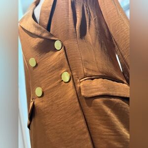 Copper Satin Blazer | Luxe Gold Button Double-Breasted